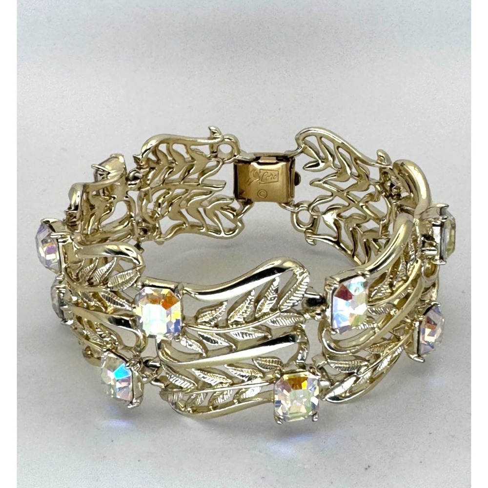 Vintage Coro Bracelet Gold Tone Openwork Leaf Aurora Borealis